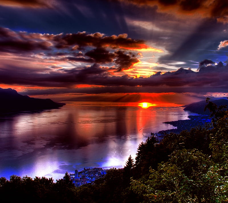 beautiful sunset, lake, landscape, nature, new, nice, ocean, sun, HD wallpaper