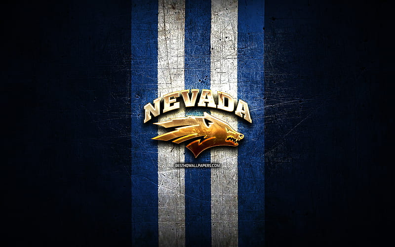 Nevada Wolf Pack, golden logo, NCAA, blue metal background, american football club, Nevada Wolf Pack logo, american football, USA, HD wallpaper