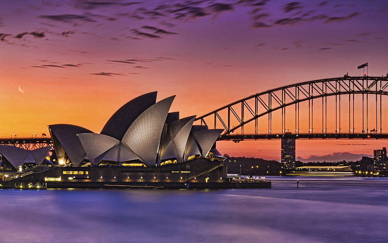 Sydney, Musical Theatre, Sydney Opera House, Harbour Bridge, sunset, evening, Sydney cityscape, landmark, Oceania, Australia, HD wallpaper