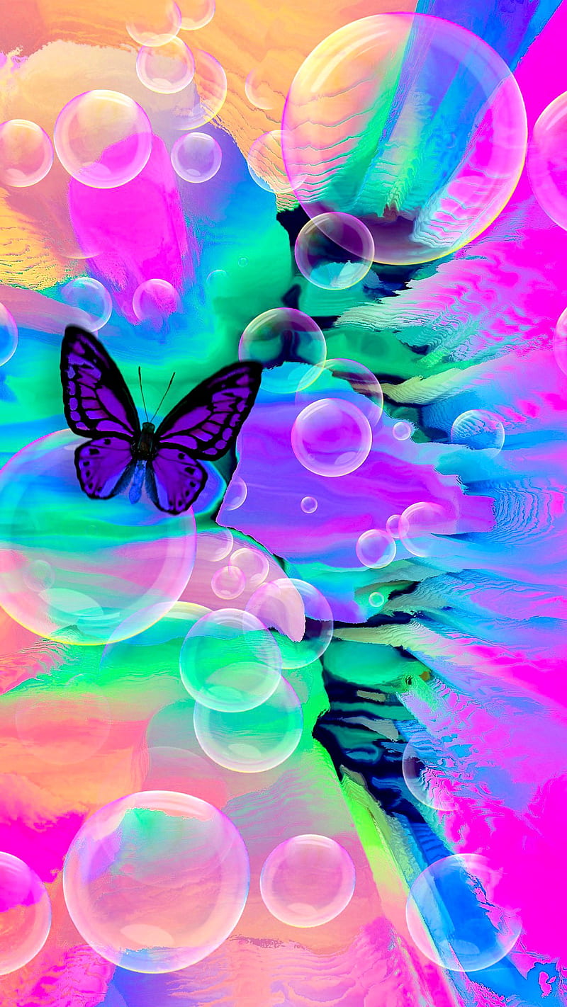 Butterfly and Bubbles, Butterfly, ColetteLrsn, abstract, bright, bubbles, colorful , cool, pretty, purple butterfly, HD phone wallpaper