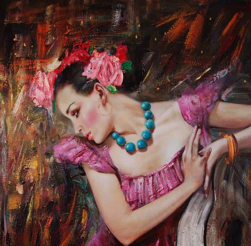 Flamenco dancer, art, flamenco, luminos, rose, necklace, woman, dancer, girl, painting, flower, pictura, pink, blue, vladimir muhin, HD wallpaper