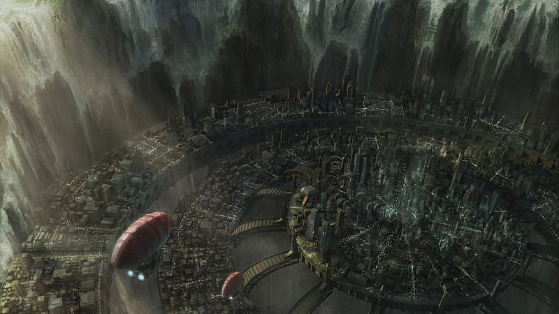 futuristic city, zeppelin, darkness, areas, Sci-fi, HD wallpaper