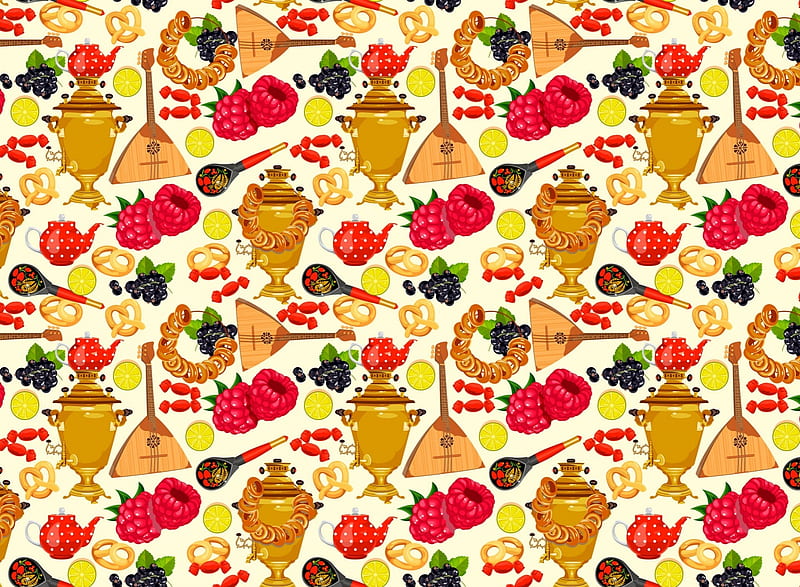 Texture, pattern, red, samovar, yellow, fruit, instrument, raspberry, paper, tea pot, HD wallpaper