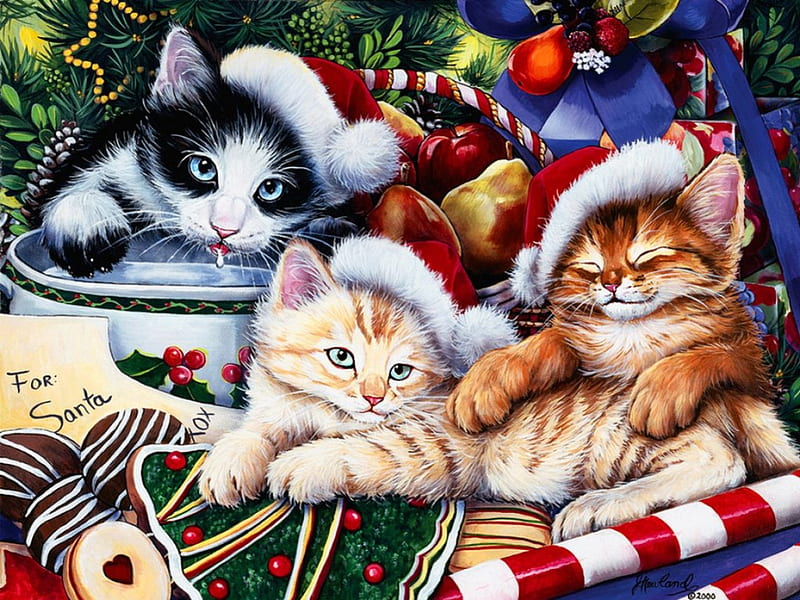 Meowy-Christmas, pretty, colorful, bonito, nice, painting, kitties, friends, art, lovely, holiday, christmas, decoration, kittens, winter, hat, tree, santa, balls, meowy, cats, HD wallpaper