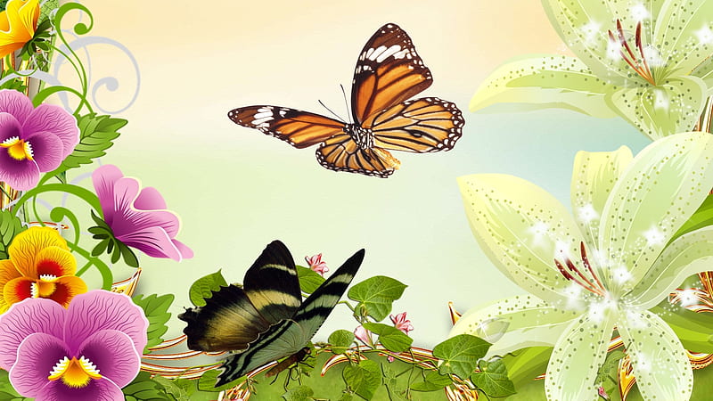 Summer Time, summer, flowers, spring, butterflies, HD wallpaper