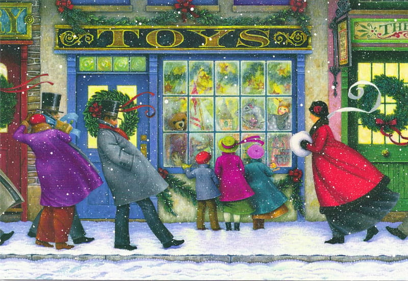 Christmas toy shop, shop, colorful, children, bonito, cold, city, people, painting, toys, kids, street, art, holiday, christmas, town, joy, winter, market, parents, snow, ice, HD wallpaper