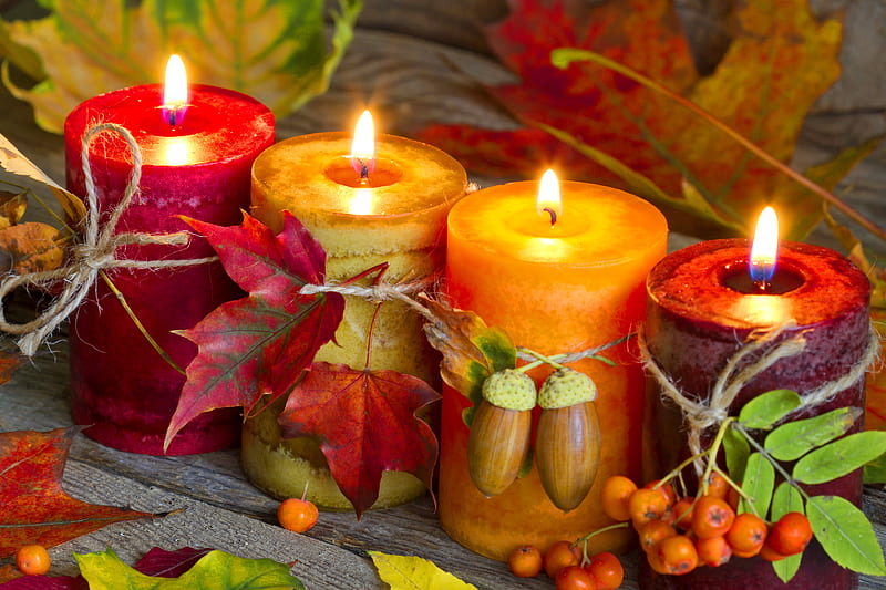 Autumn candles, pretty, colorful, fall, autumn, bonito, thanksgiving, candles, still life, leaves, flame, HD wallpaper