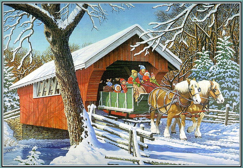 over the bridge, fence, trees, horse, sky, water, wagon, snow, bridge, people, HD wallpaper