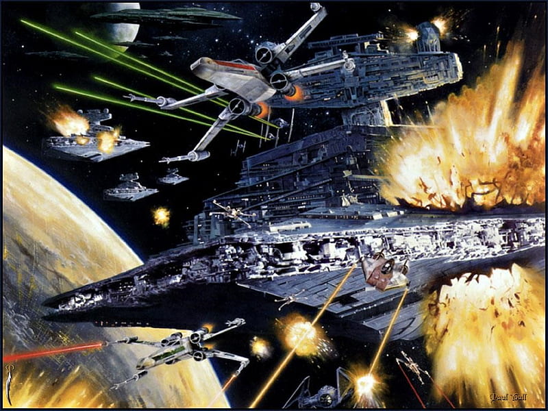 battle for dom, stars, firing, explosions, star destroyers, moon, tie fighters, planet, jedi fighters, x wings, HD wallpaper