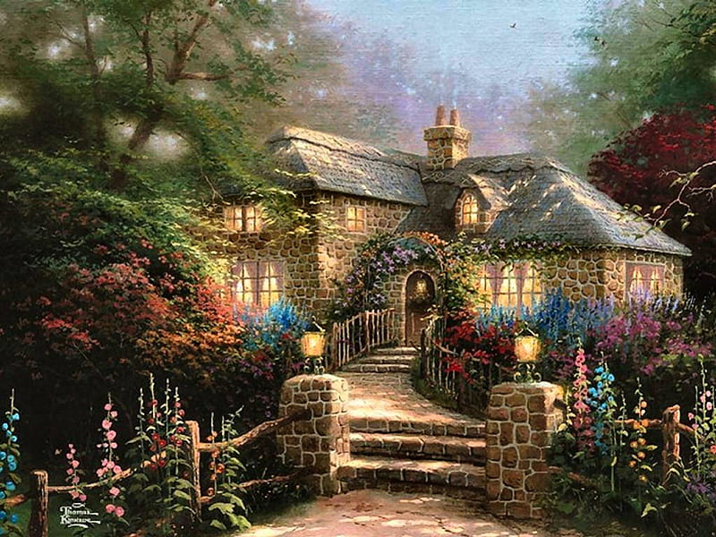 Hollyhock House F5, art, house, cottage, Thomas Kinkade, artwork, hollyhock, Kinkade, painting, wide screen, flowers, garden, scenery, HD wallpaper