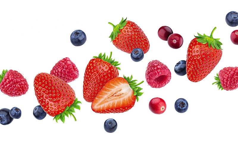 Fruits, blueberry, red, fruit, strawberry, berry, raspberry, white, HD wallpaper