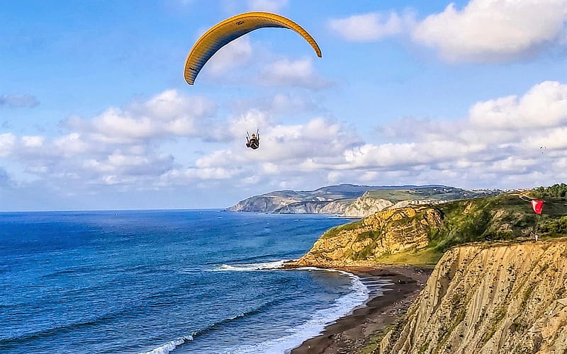 Paragliding over Coast, clouds, paraglider, sea, coast, Spain, HD wallpaper