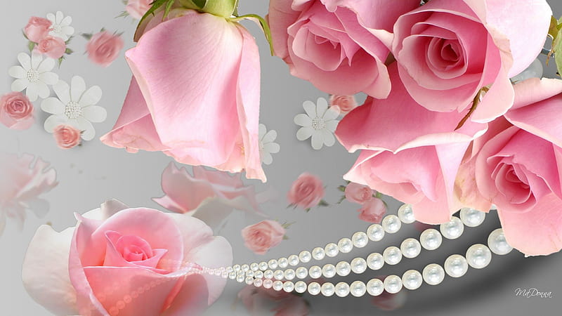 More Pink Roses, scatter, spring, roses, jewelry, summer, blossoms, flowers, pearls, blooms, fashion, pink, HD wallpaper