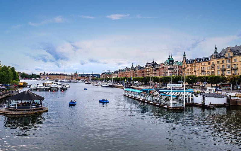 Djurgarden, Stockholm, monuments, museums, galleries, evening, sunset, boats, Stockholm cityscape, Sweden, HD wallpaper