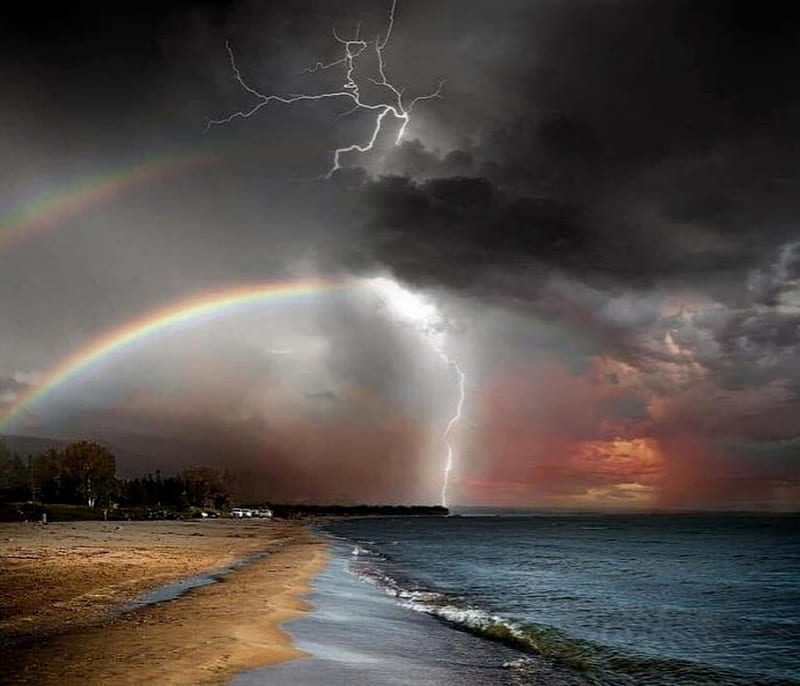 Ominous Canada Beach And Two Rainbows, Two, beach, Canada, Rainbows, Ominous, HD wallpaper