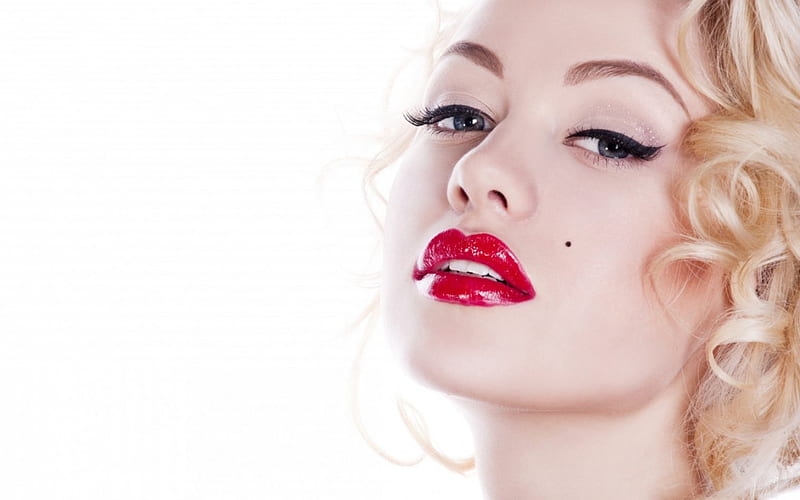 Red lip, blonde hair, white background, eyelashes, mole, girl, makeup, face, eyes, red lips, HD wallpaper