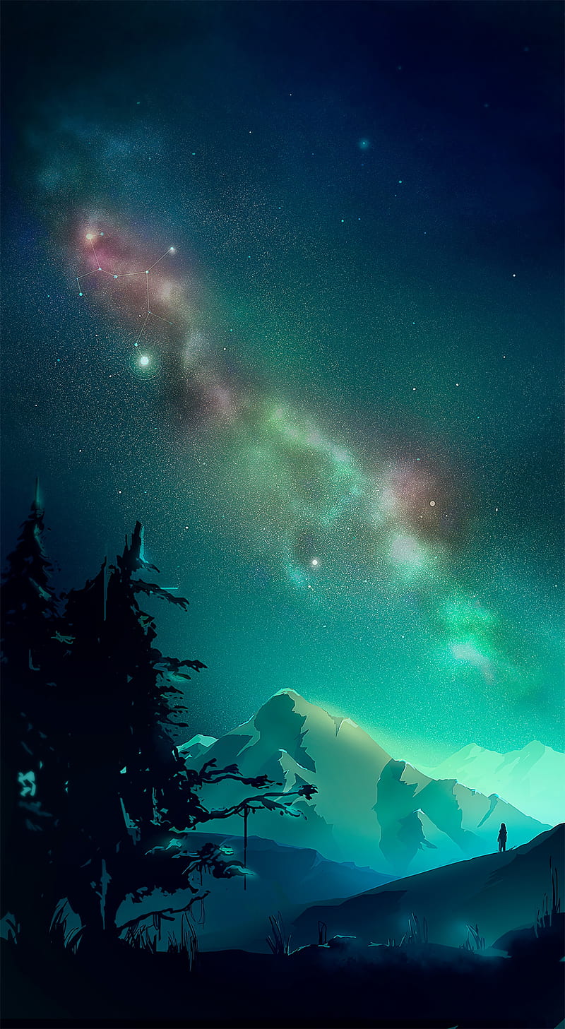mountains, night, northern lights, landscape, art, HD phone wallpaper