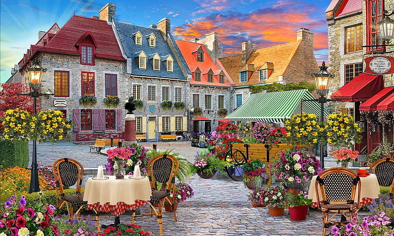 Village Square, houses, dining, flowers, village, Scenic, vibrant, quaint, dinette table, Outdoor, HD wallpaper