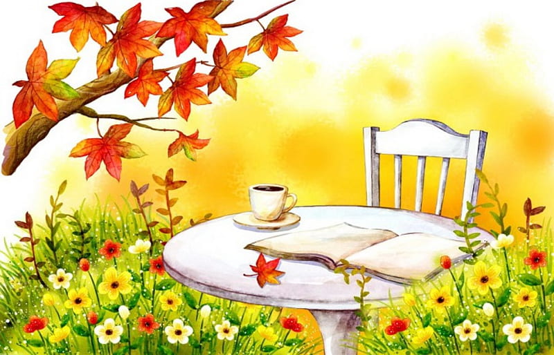 Autumn rest, fall, autumn, falling, book, bonito, tea, foliage, leaves, nice, calm, painting, flowers, season, chair, table, art, rest, lovely, relax, freshness, tree, coffee, nonebook, garden, HD wallpaper