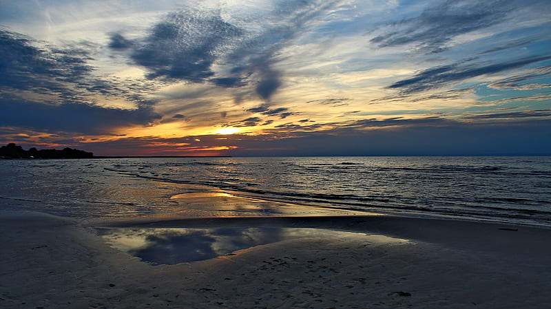 beach, sea, horizon, clouds, sunset, dark, HD wallpaper
