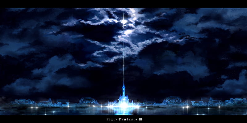 Night of Kingdom, anime, dark, pixiv fantasia, clouds, castle, scenery, night, light, HD wallpaper
