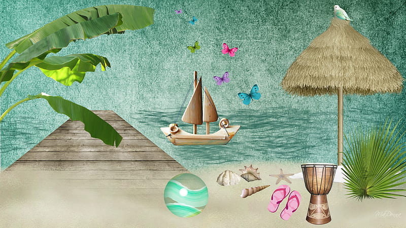 Dream Vacation, sea shells, umbrella, drum, palm, butterflies, beach, boat, dock, flip flops, HD wallpaper