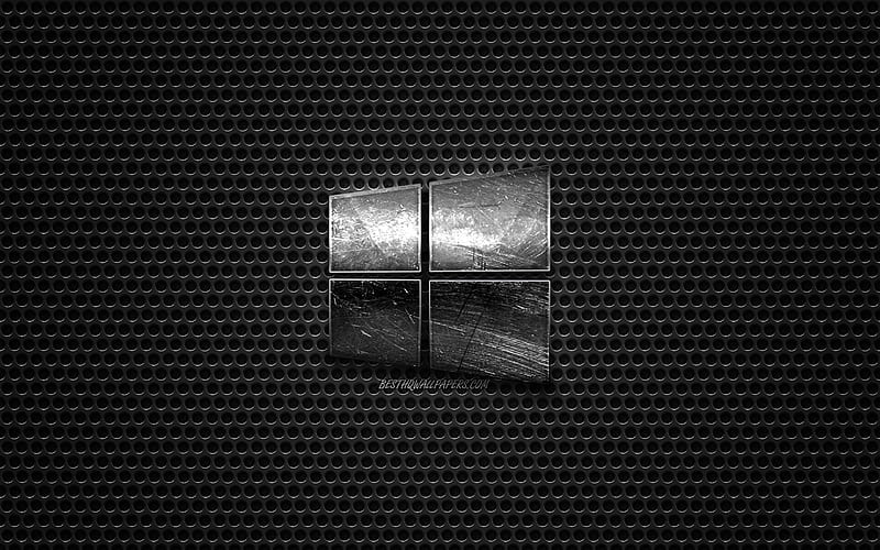Windows 10 logo, steel polished logo, Windows 10 emblem, brands, Windows, metal mesh texture, black metal background, Windows 10, HD wallpaper