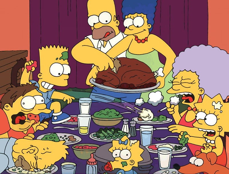 Simpsons Thanksgiving, fall, barney, autumn, maggie, homer, marge, lisa, simpsons, simpson, vmhenson, selma, food, thanksgiving, fox, turkey, bart, abe, grandpa, HD wallpaper