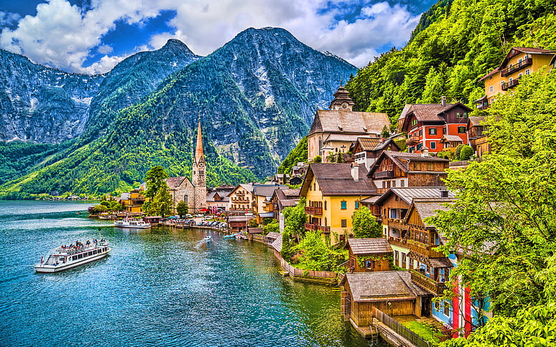 Hallstatt, summer, R, mountains, Salzkammergut, Austria, beautiful nature, austrian cities, Europe, HD wallpaper