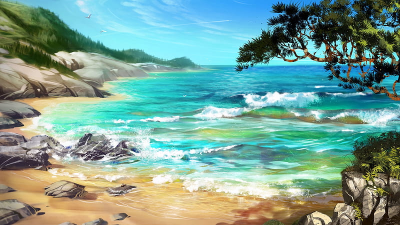 beach, luminos, landscape, sea, art, vera velichko, water, fantasy, tree, vara, summer, blue, HD wallpaper