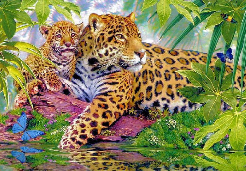 Jaguar and cub, art, leaves, tree, butterflies, presator, cats, HD wallpaper