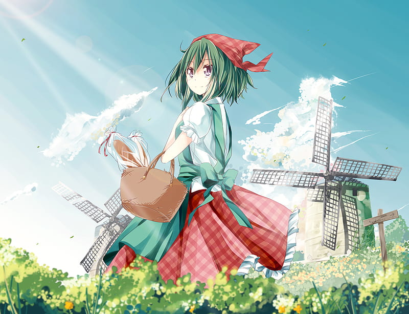 Kazami Yuuka, windmill, female, bread, sky, clouds, bushes, basket, anime, touhou, solo, flowers, walking, sunshine, green hair, HD wallpaper