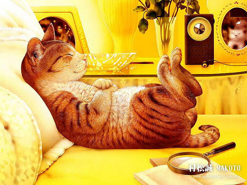 Resting * Digital art by Makoto, art, pillow, sleep, yellow, cat, bed, animal, sweet, feline, makoto, digital, kitten, HD wallpaper