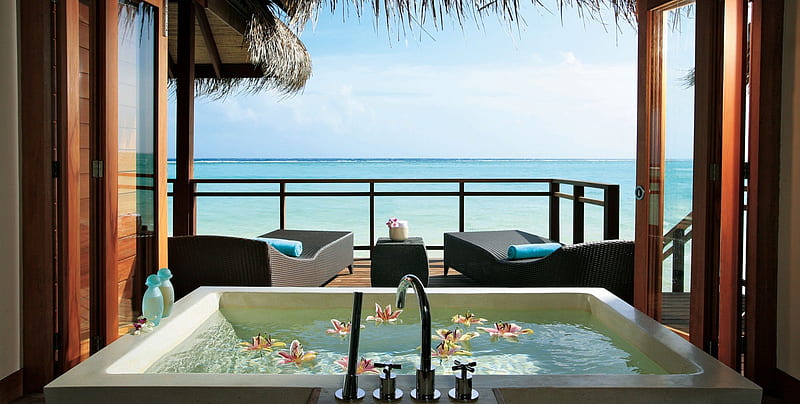 LUX Maldives Water Bungalow Spa Bath, hut, lodge, bath, sea, atoll, beach, lagoon, flowers, luxury, blue, exotic, holiday, Maldives, ocean, escape, tub, paradise, spa, jacuzzi, island, water bungalow, LUX, tropical, HD wallpaper