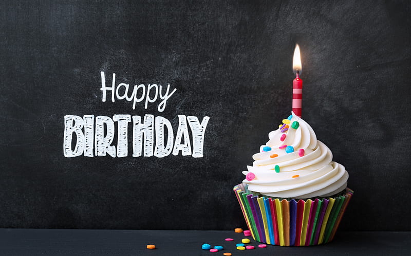 Happy Birtay, cupcake, candle, 1 year old, cake, Birtay concepts, HD wallpaper