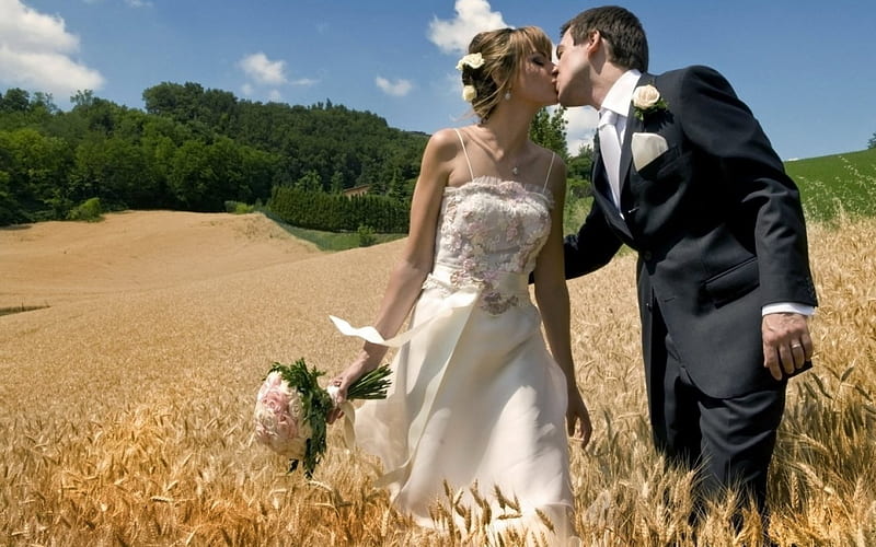 Wedding, bouquet, kiss, couple, field, HD wallpaper