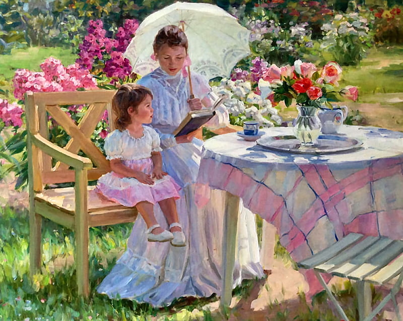 In The Garden FC, art, bench, bonito, roses, mother, illustration, artwork, daughter, little girl, table cloth, painting, garden, lady, HD wallpaper