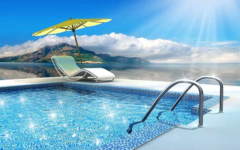 Relaxing Pool, seat, swimming pool, umbrella, bonito, glistening, mountain, water, sunshine, relaxing, HD wallpaper