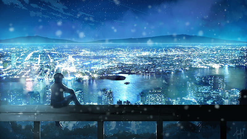 Night Sky, art, japanese, cityscape, sky, japan, fantasy, city, orginal, scenery, night, HD wallpaper
