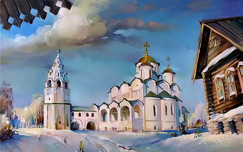 Russian Church F2, art, cityscape, church, artwork, winter, russia, snow, painting, wide screen, ice, scenery, HD wallpaper