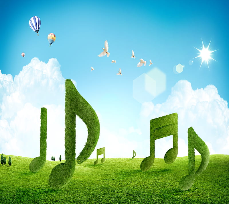 Musical Garden , balloons, bird, birds, music, musical, sky, sun, tree, trees, tunes, HD wallpaper