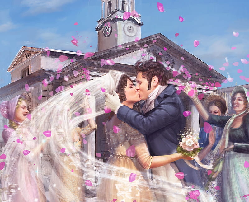 Kiss, bride, simona reggimenti, wedding, white, art, romantic, luminos, wind, lovers, fantasy, petals, couple, HD wallpaper