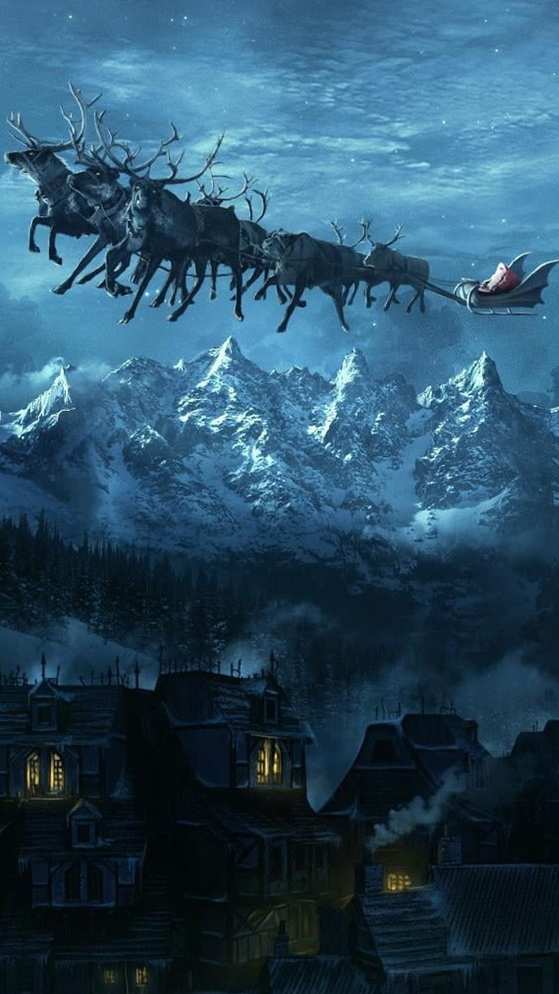 Santas coming, fly, deer, mountains, santa claus, houses, night, christmas, eve, HD phone wallpaper