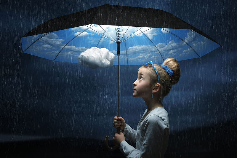 Child Clouds Minimalism, child, clouds, minimalism, creative, artist, umbrella, rain, HD wallpaper