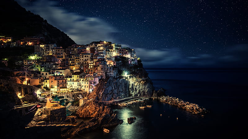 Manorola, boats, city, Italy, houses, seaside, lights, sea, Firefox Persona theme, HD wallpaper