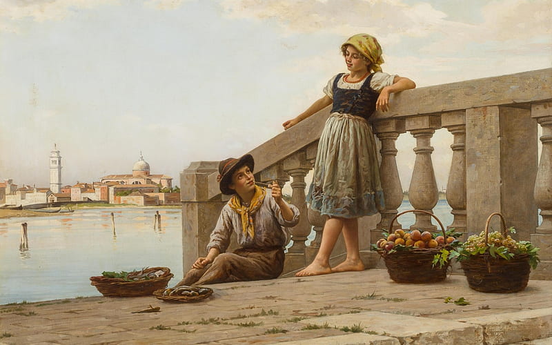 Young fruit sellers, antonio ermolao paoletti, fruit, art, children, painting, copil, pictura, sellers, HD wallpaper