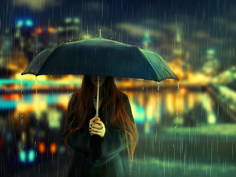 Rainy mood, umbrella, bonito, drops, lights, nice, city, evening, street, night, lovely, sadness, town, mood, rainy, water, girl, sad, sorrow, rain, lady, HD wallpaper