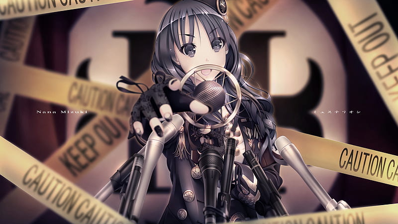Mizuki Nana, sound, rock, nail polish, pointing, keep out, hot, anime girl, sing, police tape, female, music, sexy, caution tape, microphone, cool, song, solo, HD wallpaper
