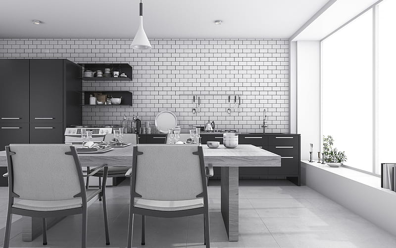 white and black kitchen, modern design, stylish modern kitchen design, white brick wall, gray wooden table, HD wallpaper