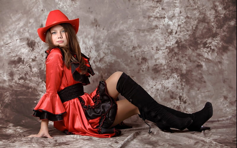 Cowgirl Model ~ Kleofia, brunette, red, model, cowgirl, HD wallpaper